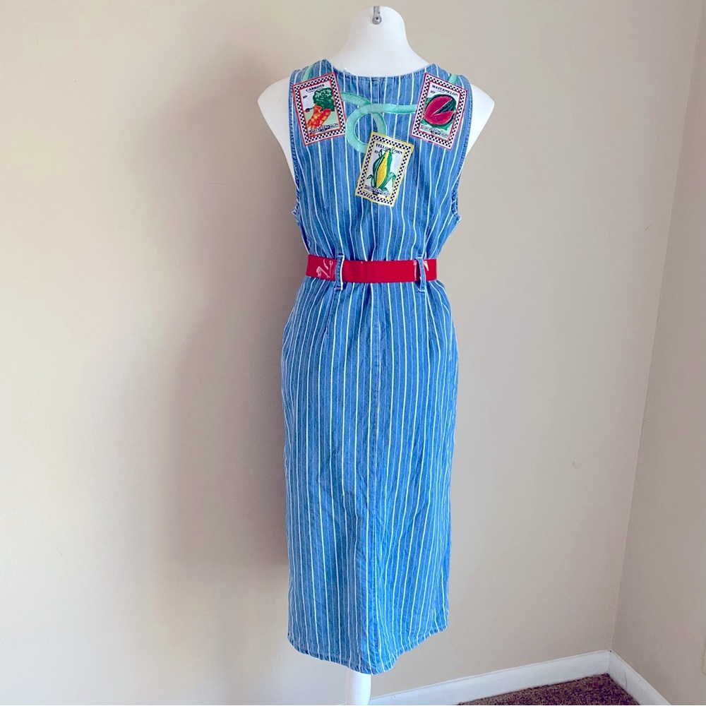 Vintage Denim Sleeveless Dress Midi Front Button Denim Flower Garden M - Picture 2 of 16